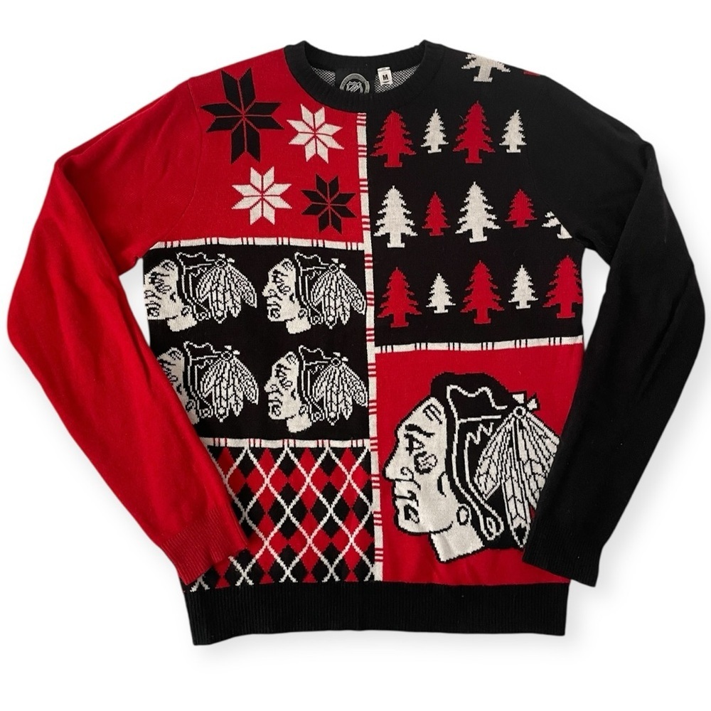 Chicago Blackhawks Ugly Sweater NHL Klew Holiday men’s Medium Hockey Festive red